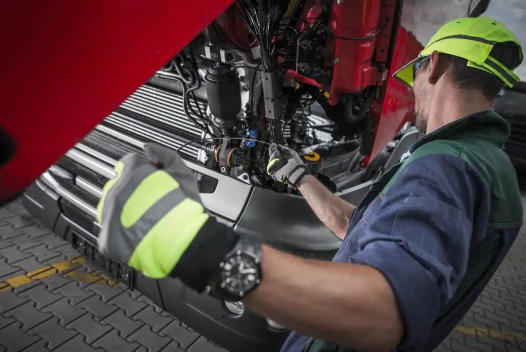 Mechanik sprawdza poziom oleju w samochodzie ciężarowym.